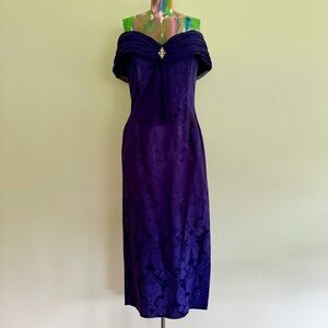 🍇VINTAGE Scott McClintock Jewel Tone Purple Off Shoulder Brocade Cocktail Dress